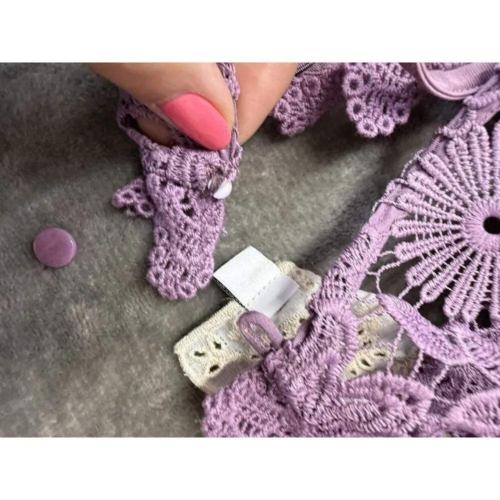 Johnny Was Lorrie Purple Crochet Lace Mini Dress Puff Sleeves Size Medium